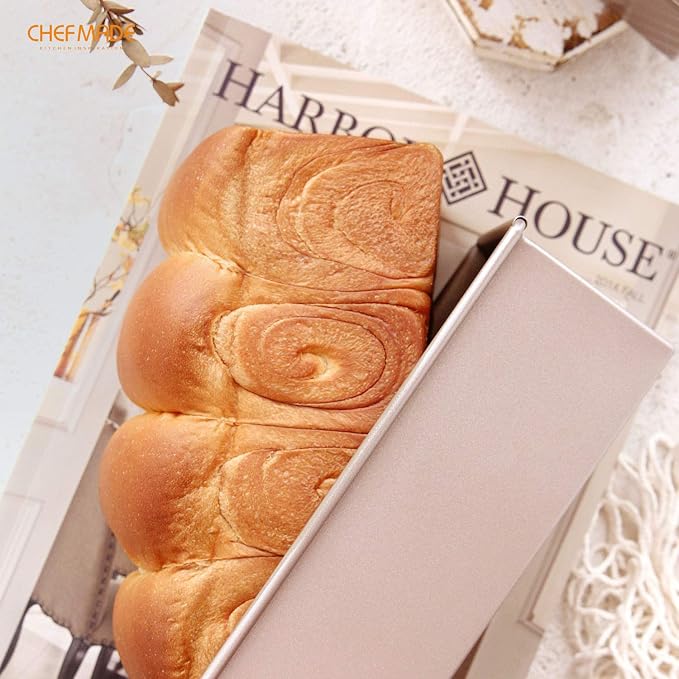 CHEFMADE Mini Pullman Loaf Pan with Lid, 0.66Lb Dough Capacity Non-Stick Rectangle Flat Toast Box for Oven Baking 2.8" x 8.3"x 2.7"(Champagne Gold)