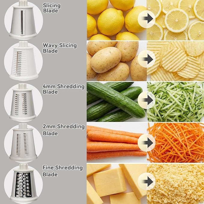 Upgrade Rotary Cheese Grater Shredder with Handle, Strong Suction Base, Multi-purpose Rotary Grater Slicer with 5 Interchangeable Blades for Ice, Vegetables, Fruit, Nuts with Blade Storage Box