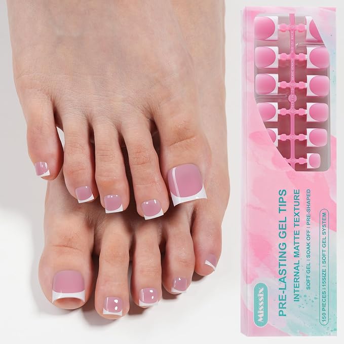 Misssix Press on Toenails Short, French Tip Toe Nails Square, Berry Pink | 150pcs Soft Gel False Toenail, Acrylic Soak off Fake Toe Nails for Women Nail Art DIY 15 Sizes