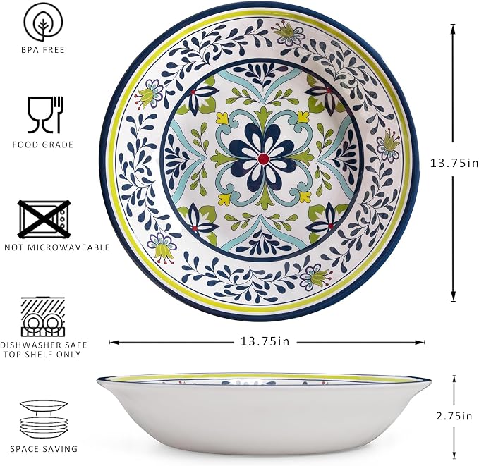 Talavera Melamine Large Serving Bowl, 13.75" x 2.75" Mixing, Pasta Serving Bowls set of 2,100% Melamine Soup Bowl Salad Bowl Fruit Bowls,Lightweight and Unbreakable…