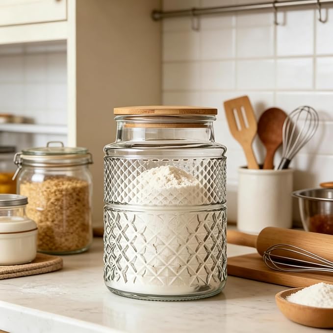 Large Glass Storage Jar, 60 FL OZ Glass Food Storage Containers with Bamboo Lid, Kitchen Laundry Room Organization Jar for Cookies Coffee Flour Sugar Laundry Pods Detergent Airtight Glass Jars | Kitchen Pantry Thick Glass Container for Flour Sugar Cook...