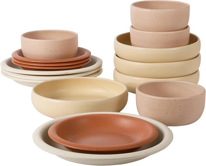 Corsica Clay Dinnerware Set - Stackable Colorful Boho Reactive Glaze Plates and Bowls Set -2 Time Oprah's Favorite Things Brand- 16 Piece (Service for 4)- Matte Assorted Pottery Colors
