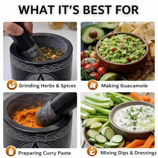 Mortar and Pestle Set, Black | Solid Stone Grinder, For Herbs Spice Guacamole, Garlic Ginger Root, Unique Design