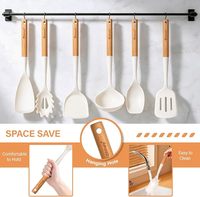Large Silicone Cooking Utensils Set, 10Pcs Nonstick Kitchen Utensil Set with Wooden Handle, Heat Resistant Silicone Utensils for Cooking, BPA Free Spatula Set with Turners Spoon Ladle Skimmer(White)