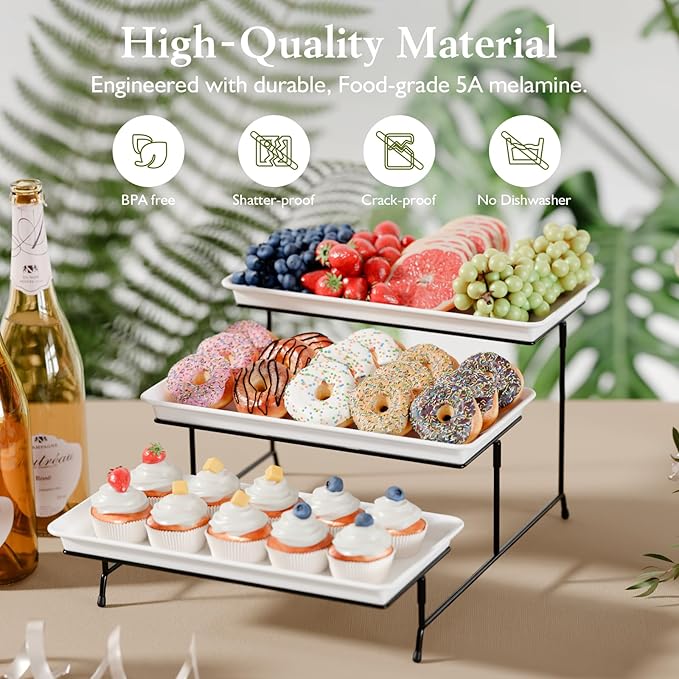 Bumusty 3-Tier Melamine Serving Tray Set, 14 x 7 in, Black Stand | Melamine Reusable Platters with Metal Display Stand for Cupcakes, Desserts, Fruit, Cookies, Parties, Birthdays and Holidays