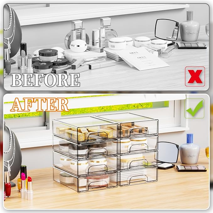 8 Pack Small Clear Stackable Storage Drawers,2.2'' Tall Desk Organization and Storage,Plastic Office Supply Organizer,Acrylic Storage Containers for Makeup,Hair Clip,Accessory,Pen,Art Crafts