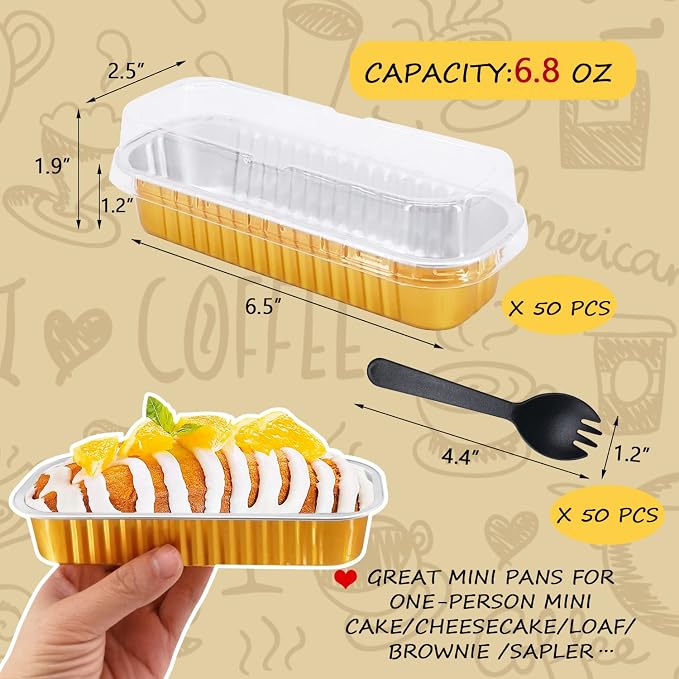 LNYZQUS Mini Loaf Cake Pans with Lids 50 Pack, 6.8oz Foil Baking Tins | Rectangle, Gold, Disposable Aluminum Dessert Cups, Individual Take-out Containers for Bake Sale Treats