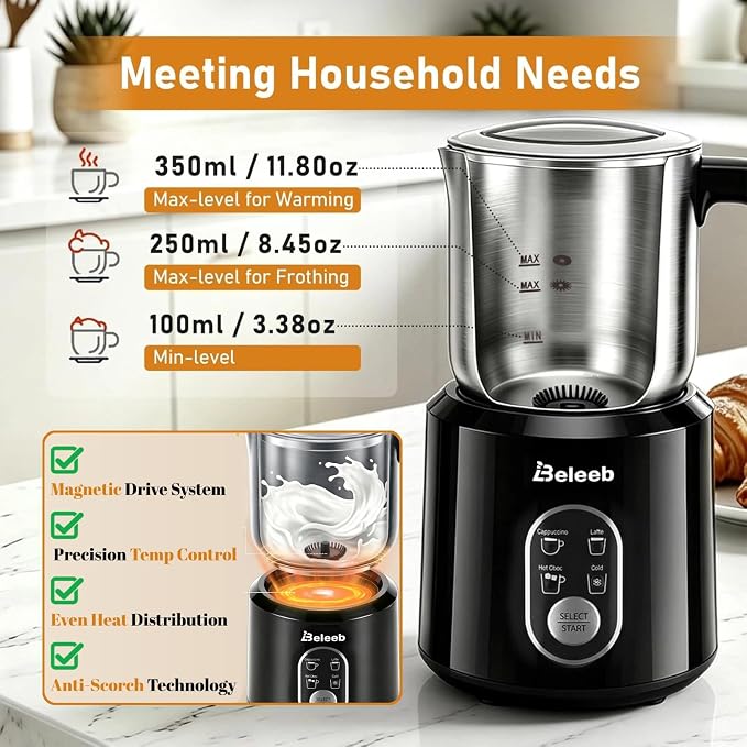 Detachable Milk Frother and Steamer: Hands-Free Froth & Clean 11.8oz | Dishwasher Safe Stainless Steel Jug - 4-in-1 Electric Automatic Hot/Cold Foamer & Hot Chocolate Maker for Latte Cappuccino
