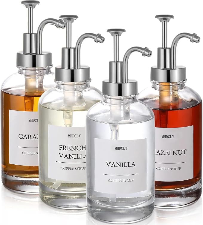 Coffee Bar Accessories,MHDCLY Coffee Syrup Dispenser - 4pack,16.9 oz Syrup Dispenser with Labels,Syrup Pump Dispenser for Coffee Bar(Silver Pump)