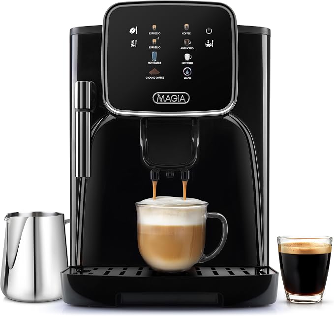 Zulay Kitchen Magia Clasica Automatic Espresso Machine with Built-In Grinder, Touch Panel Coffee Maker, Steam Wand Milk Frother, Adjustable Strength, Self-Cleaning, Black (13" x 17.7" x 9.4")