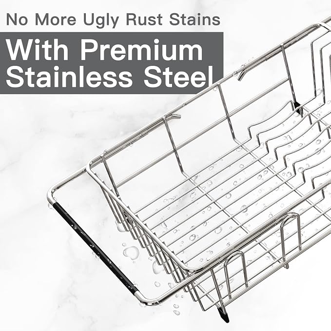 Dish Drying Rack Over The Sink with Utensil Holder, Drainboard | Expandable Stainless Steel Dish Drainer for Small Kitchen, Apartment, RV, Counter Space Saving, Perfect Fit, Rustproof
