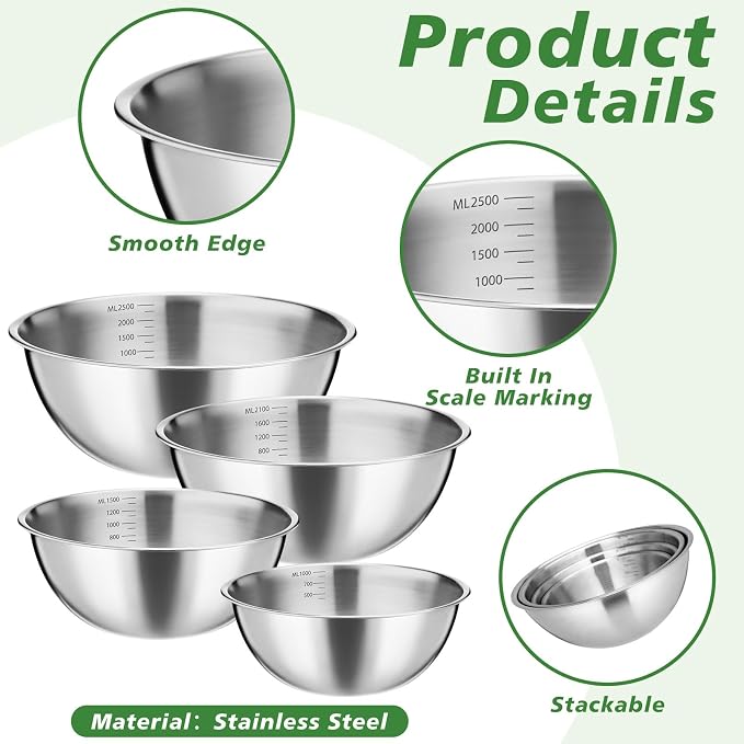 Honeydak 8 Pack Stainless Steel Mixing Bowls with Scale Meal Prep Bowls Dishwasher Safe Stainless Steel Salad Bowl Sizes 1.1, 1.6, 2.2 and 2.64 Qt for Kitchen Baking Cooking Prepping