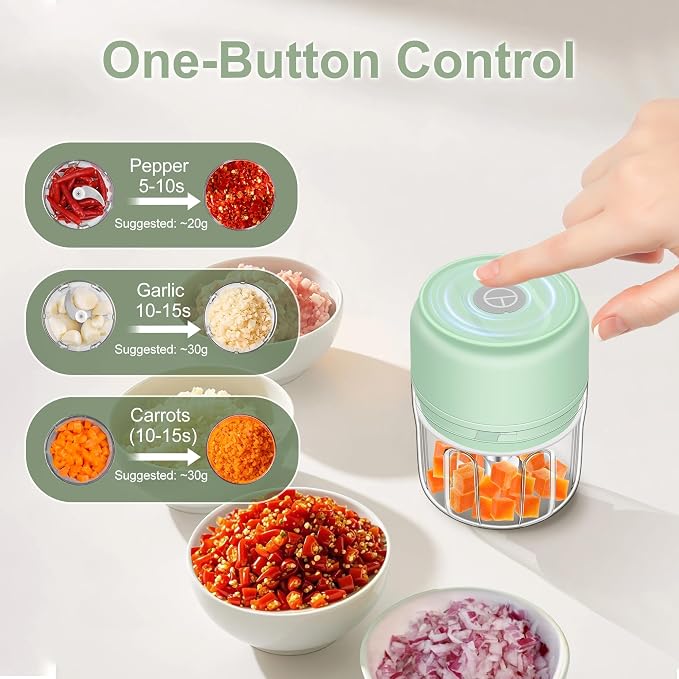 250ml (1 Cup) Electric Garlic Chopper, Green Portable Garlic Press | Wireless Mini Food Processor, Rechargeable Garlic Chopper Mincer for Ginger, Chili, Onion, Minced Meat and Spices