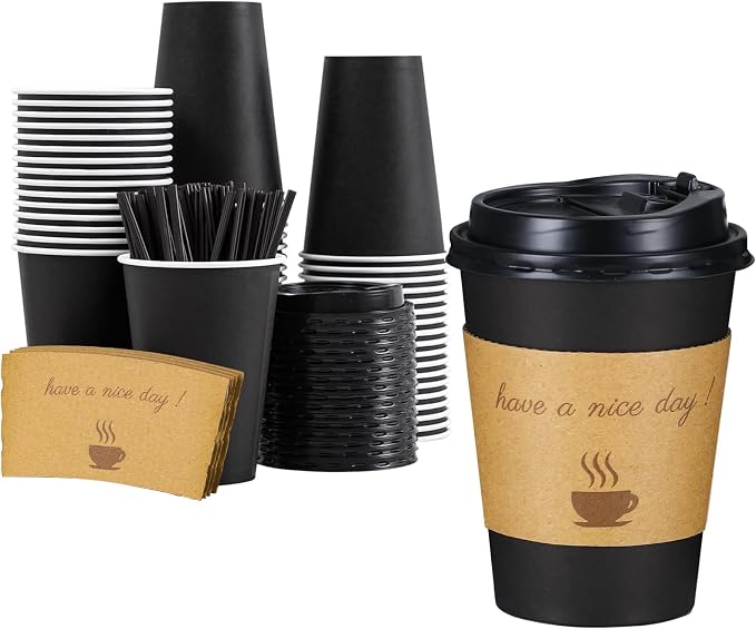 Lamosi 12 oz Coffee Cups 50 Pack, Disposable To Go Paper Cups with Lid | Hot Insulated Cups with Lids, Stir Sticks and Sleeves for Cold Drinks, Tea and Latte, Cafe, Travel and Home Use