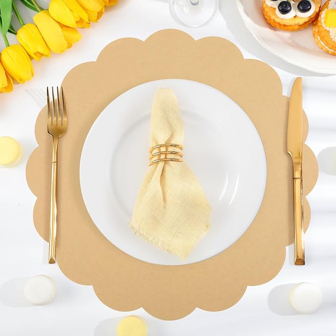 60 Pcs Kraft Paper Placemats, 13.5 Inch Scalloped Placemat Disposable Round Table Place Mats Decorative Paper for Dining Table Birthday Rustic Farmhouse Holiday Party (Pack of 2)