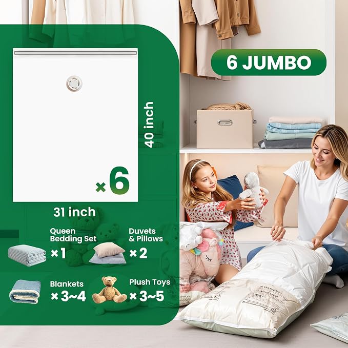 TAILI 6 Pack Vacuum Storage Bags, Jumbo Size (31×40 inch), Cream | Vacuum Seal Bags for Clothing, Extra Large Space Saver for Bulky Beddings, Comforters, Blankets, Pillows, Reusable