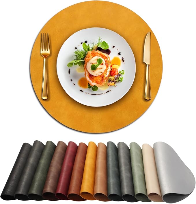 UnivoColors Placemats Round Faux Leather Placemats Set of 8-Waterproof-Wipe Clean-Heat Resistant-Anti Slip Dining Table Place Mats,Suitable for Indoor & Outdoor Use,15".Retro Yellow