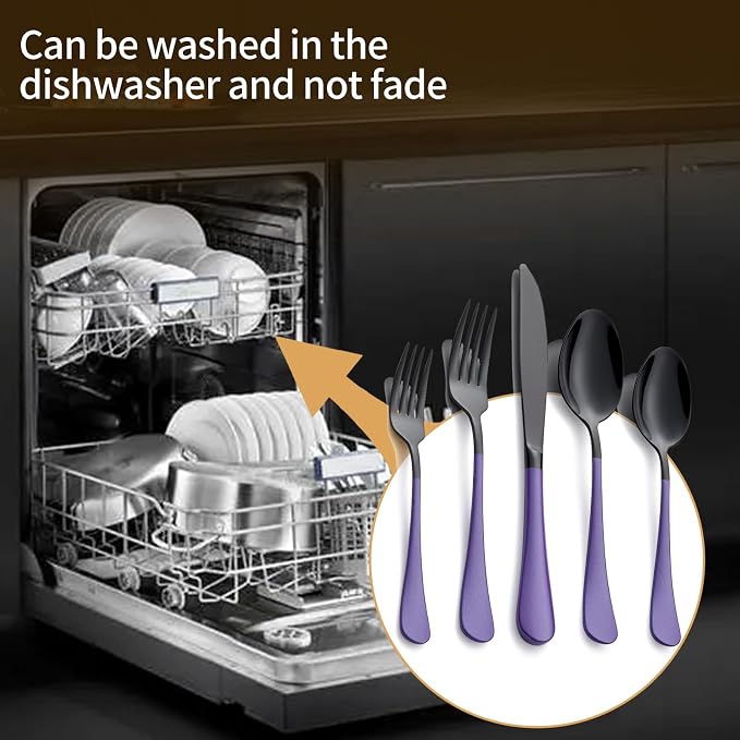 20-Piece Black and Purple Silverware Set 18/0 Stainless Steel Silverware Set Lake Blue Handle Cutlery Set Service for 4 Dinner Knives Forks Spoons Set Flatware Set Finish Dishwasher Safe