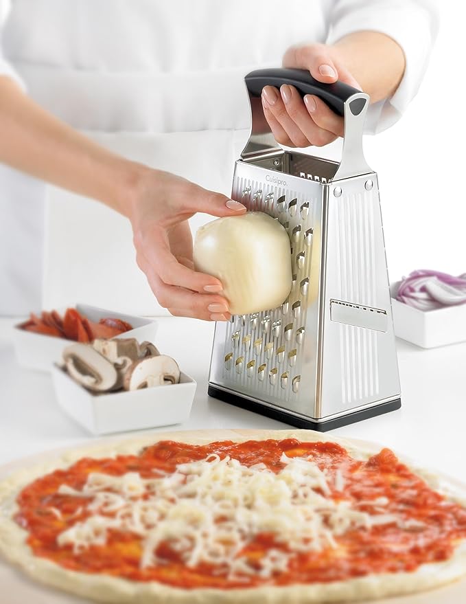 Cuisipro Stainless Steel Cheese Grater with Handle, 4 Sided Box Grater for Kitchen, Ginger Grater Dishwasher Safe, Fruit and Vegetables Slicer, Cheese Shredder for Potato, Chocolate, Parmesan, Ginger