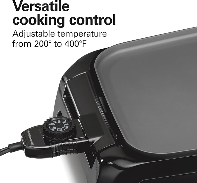 Hamilton Beach 200 Sq. In. Electric Griddle With Adjustable Temperature | 200 to 400 degrees | PTFE & PFOA Free Durathon Ceramic Reversible Nonstick Surface | Removable Drip Tray | Black | 38522
