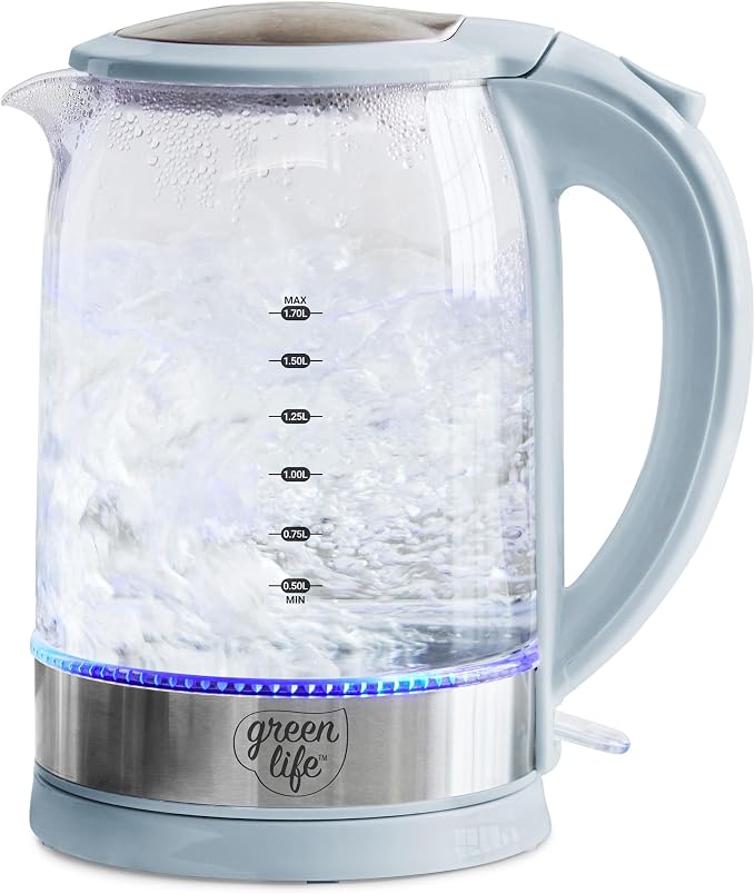 GreenLife 1.7 Liter Electric Glass Kettle, Blue Haze | Glass Body, Auto Shutoff, Thermal Shock Resistant, Quick Heating, Easy One Touch Use, Cordless Serving, LED Base, Coffee/ Tea
