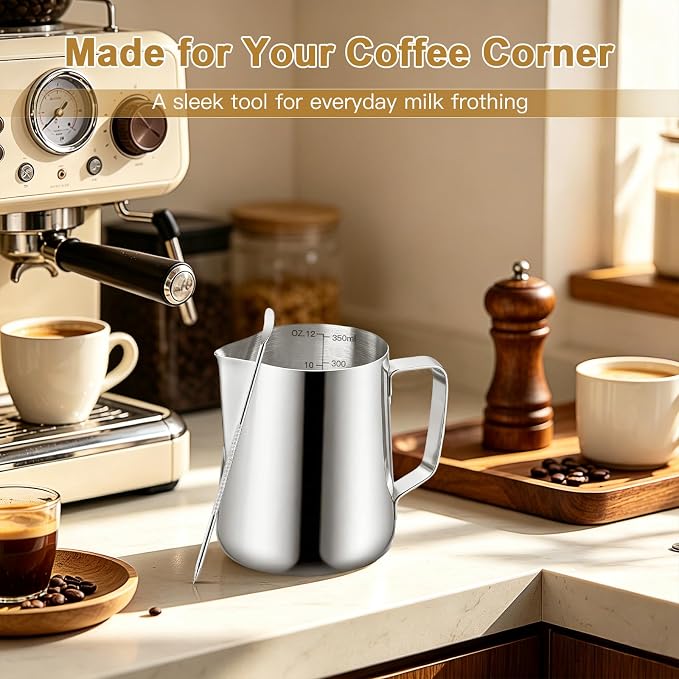 Milk Frothing Pitcher, 12oz Milk Frother Cup with Scale, 304 Stainless Steel Cappuccino Espresso Machine Accessories，for Barista Coffee Bar with Latte Art Pen
