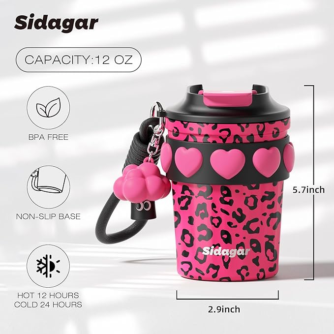 SDGA+ 12 oz Travel Coffee Mug Spill Proof Leak Proof, Stainless Steel Thermal Coffee Cup with Lid, Resuable Cup for Hot and Cold, Portable Tumbler for Women, Pink Leopard