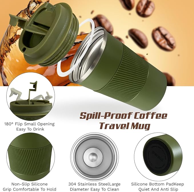 Vacuum Insulated Stainless Steel Travel Coffee Mug,Leak Proof Cup with Lid | 304 stainless steel mug with vacuum insulation, leak proof lid, silicone grip and car cup holder friendly design