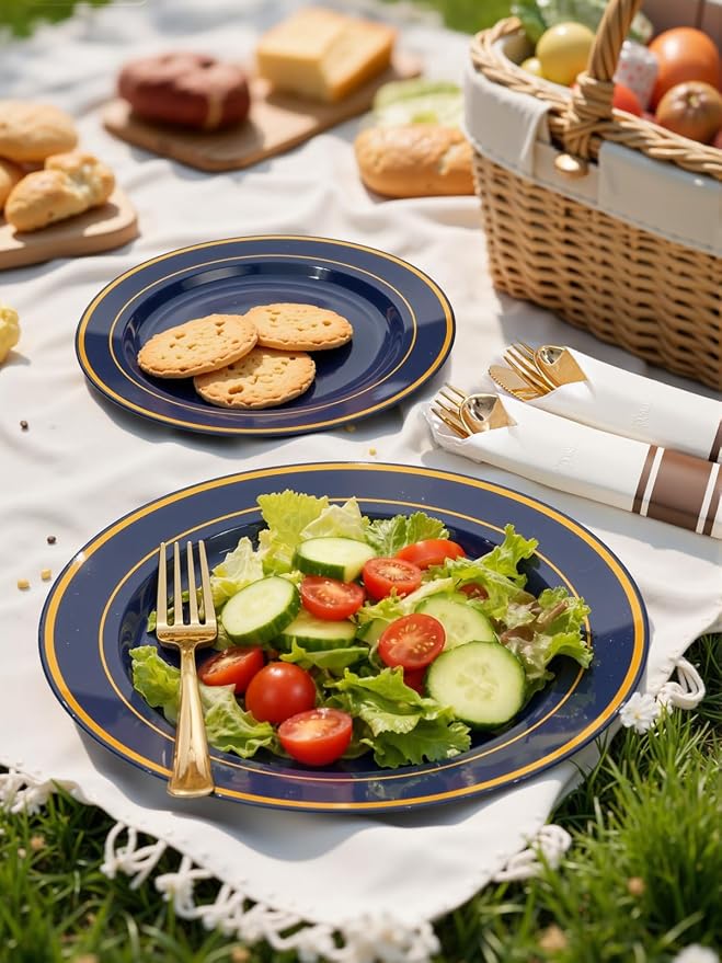 350PCS Navy Blue and Gold Plastic Plates with Rolled Napkins Include Dinner Plate 10’’, Dessert Plate 7’’, gold Cups 9 OZ, Pre Rolled Napkins for Birthday/Wedding/Party