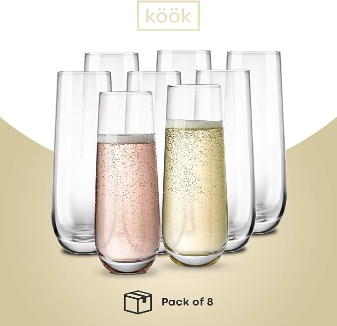 KooK Champagne Flutes, Champagne Glasses, Mimosa Glasses, Stemless Champagne Flutes, Set of 8, 9.4oz, Rose, Prosecco, for Weddings and Parties, Dishwasher Safe