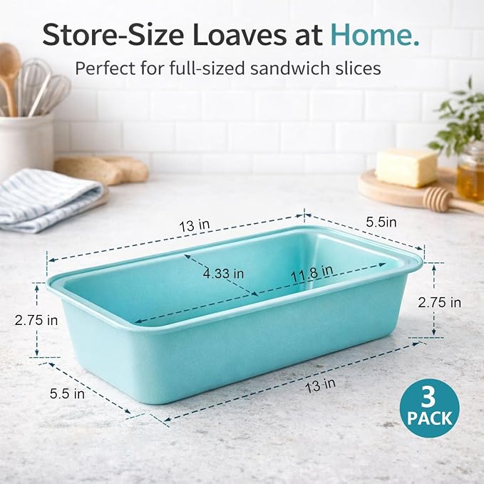3-Pack 12x4 Long Loaf Pans, Nonstick Carbon Steel Bread Baking Pan | for Sandwich Bread, Homemade Bread, Sourdough, Easy Release, PFOA Free