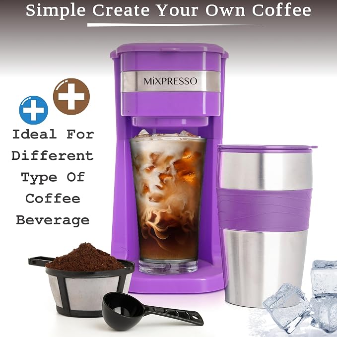 Mixpresso Single Serve & Single Cup Coffee Maker with 14oz Travel Mug | For ground coffee only, reusable filter, auto shut off. Compact personal drip coffee maker, not compatible with K-Cup pods.