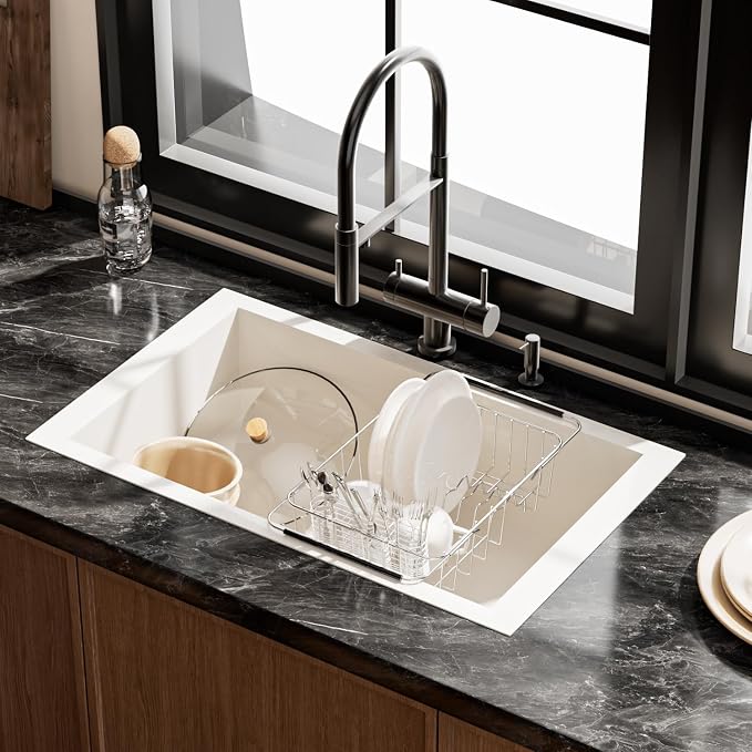 NiuYichee Stainless Steel Dish Drying Rack (15" L X 11" W X 4.1" H), Expandable Drain Rack Over Sink, Dish Drainer Rack in Sink, with Utensil Holder & 4 Hooks Cup Hanger