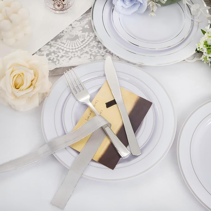 GATHER 700PCS Silver Plastic Plates 100 Guest for Wedding and Party | White and Silver Disposable Dinnerware Sets include 200 Plates, 300 Silverware, 100 Napkins, 100 Cups for Anniversary