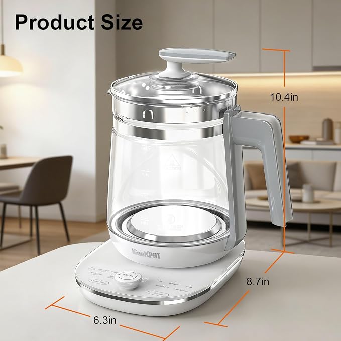 1200w Electric Kettle, 1.5L Borosilicate Glass tea kettle, Hot water kettle electric for Coffee or Tea, BPA Free, Auto Shut-Off, Stainless Steel, Fast Boil, White
