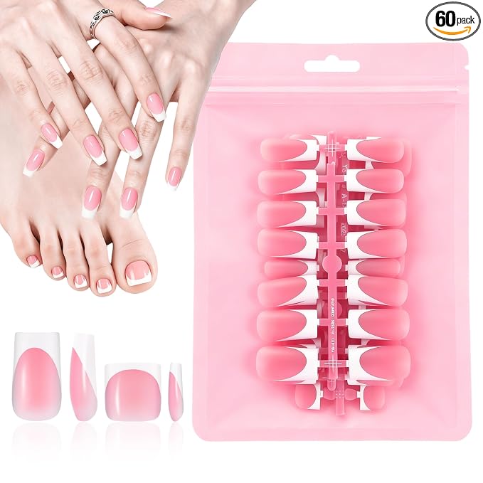 60 Pcs White French Tip Press on Nails, Acrylic Medium Fake Nails | Square, Press On Toe Nails for Women’s Manicure
