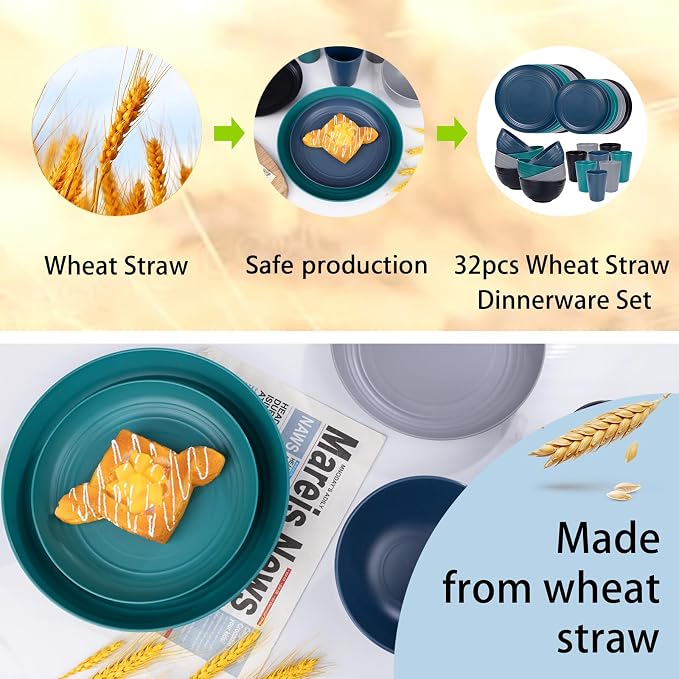 32 Pcs Assorted Colors Wheat Straw Dinnerware Set for 8 Camping | Includes Plates,Bowls & Cups In Multi Colors (Dark Blue,Green,Grey,Black),Unbreakable Heavy-Duty Plastic for RVs & Parties