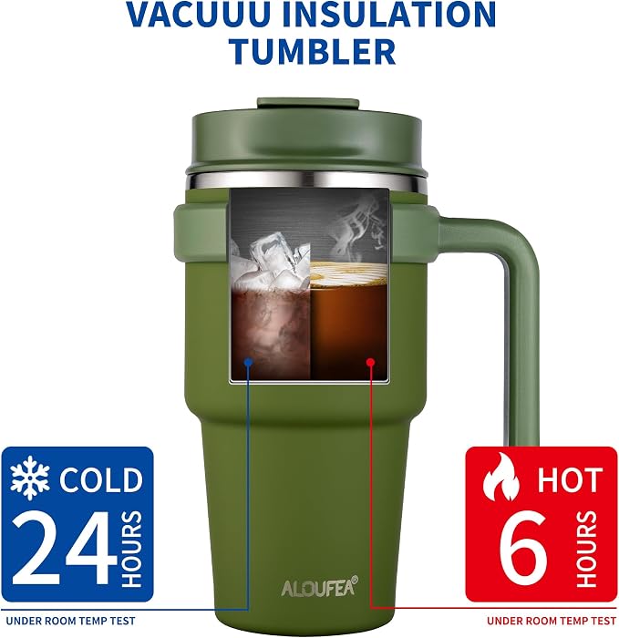 20 oz Insulated Travel Coffee Mug Tumbler with Handle and Straw | Leakproof Stainless Steel Coffee Cup with Lid, Double Wall Vacuum Ice Thermal Cup, Army Green