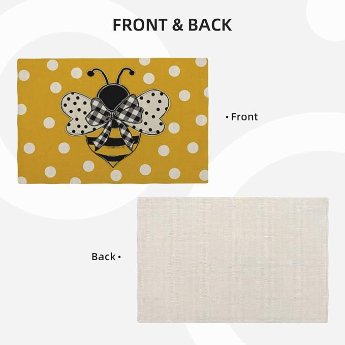Bumble bee Placemats Set of 4, Yellow Polka Dots Honey Bee Decorative Table Mat 12 x 18 Inch Heat Resistant Non Slip Line Fabric Summer Place mat for Holiday Party Kitchen Dining Decor