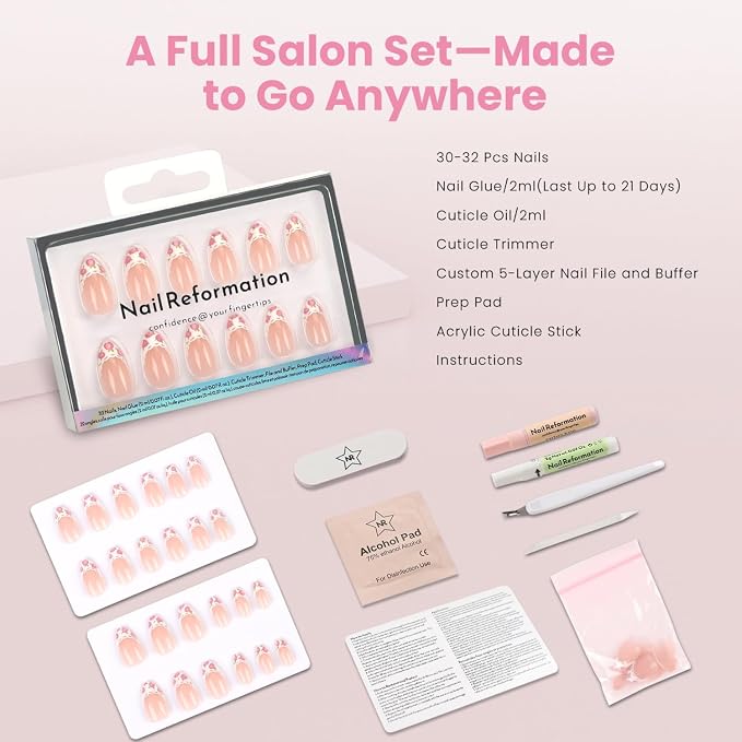 Nail Reformation Press On Nails, Fleur De Lace | Short Almond Fake Nails | with Lace French Tip & Rose Floral on Nude Base in Glossy Finish, Reusable Nails in 16 Sizes - 32 Nail Kit, Gifts for Women