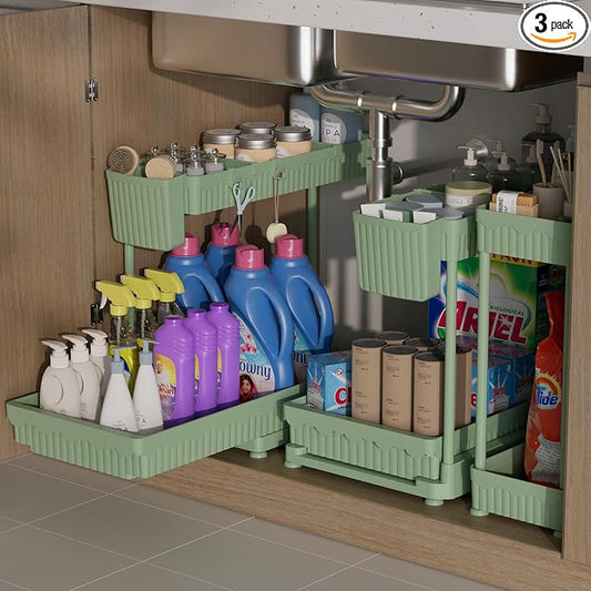 3-Pack 2-Tier L-Shaped Under Sink Organizers with Sliding Drawers | Multi-use kitchen & bathroom storage, 12.85 inch green cabinet organizer, space-saving sliding drawer design.