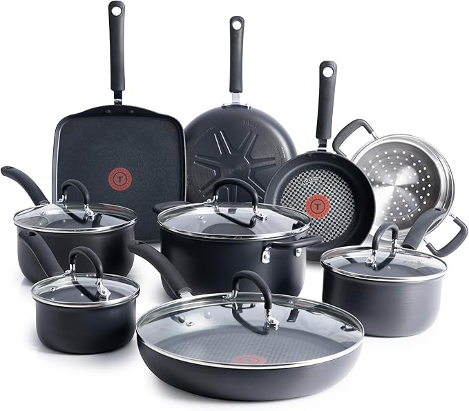 T-fal Ultimate Hard Anodized Nonstick Pots and Pans Set, 14-Piece, Onyx | Titanium nonstick coating, Thermo-Spot heat indicator, Oven safe to 400°F, Dishwasher safe, All stovetops except induction