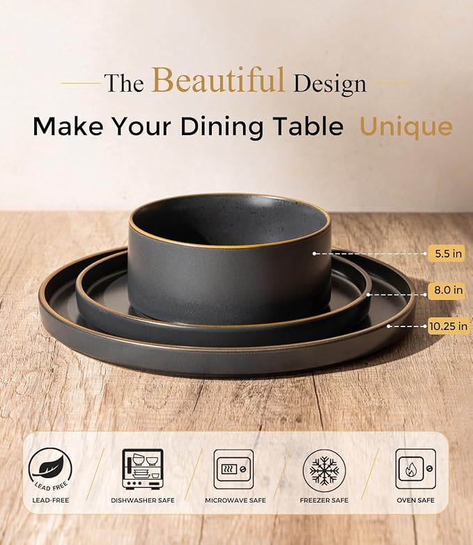 LERATIO Stoneware Dinnerware Sets for 4,12-Piece Matte Plates and Bowls Set | Handmade High Edge Rim Dish Set,Oven & Microwave,Dishwasher Safe,Scratch Resistant-Ashen Gold Rim