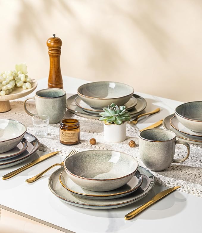 GBHOME Stoneware Dinnerware Sets for 4,12 Piece Rustic Plates and Bowls Set | Earthenware Handmade Reactive Glaze Plate Sets, Chip Resistant Ceramic Dishes, Microwave & Dishwasher Safe, Wheat Green