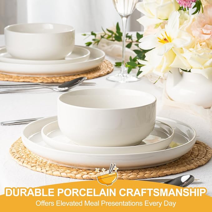 EWFEN Plates and Bowls Sets, 12 Pieces Ceramic Dinnerware Set for 4, Stoneware Dishware Dishes Set, Scratch Resistant Dishes Set, Dishwasher & Microwave Safe, White