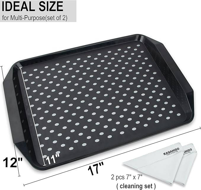 KAQAHIDO Large Non Slip Serving Tray with Grippy Dots, TV Lap Trays for Eating on Couch, Meal Serve for Dinner Breakfast, Rectangular Food Carrying for Plates, Glasses, Dishes, Set of 2, Black