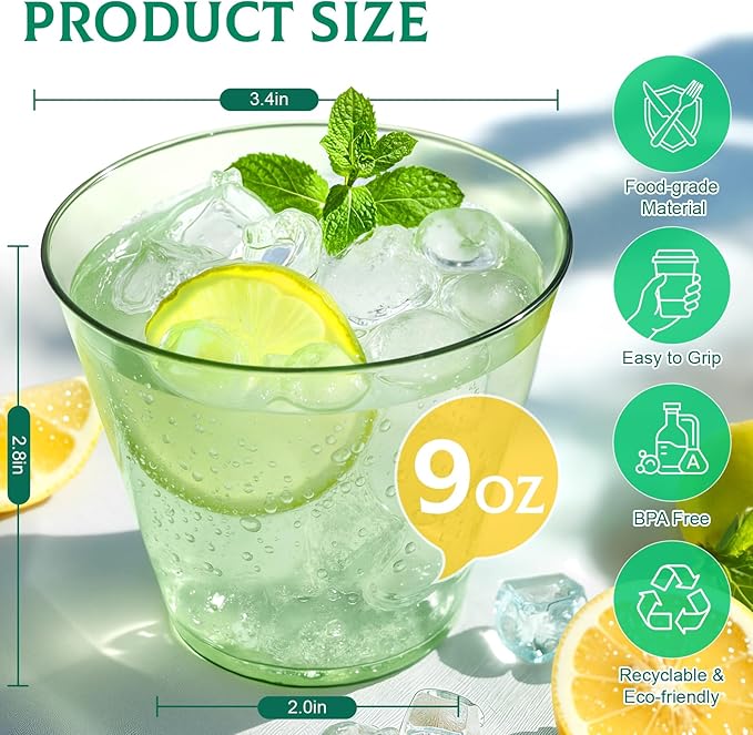 Glowserve 9 OZ Green Disposable Plastic Cups Cocktail Cup 150 Pack | Fancy Cocktail Cup,Stemless Wine Glass,Wedding Wine Glasses,Graduation Birthday,World Cup,Party Essentials