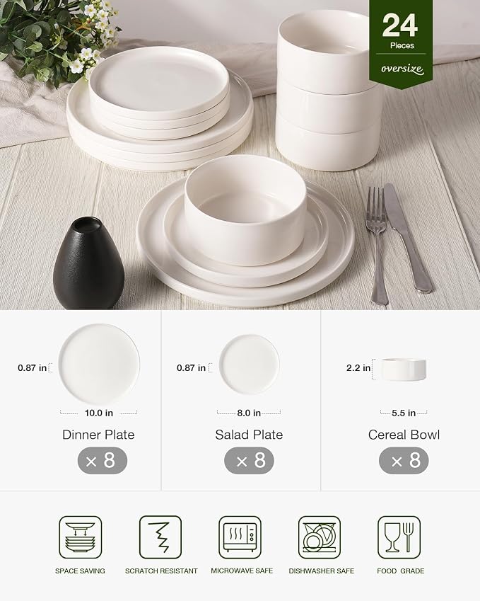 Famiware Porcelain 24-Piece Dinnerware Set, White | Plates and Bowls for 8, Dishwasher & Microwave Safe, Chip & Scratch Resistant, Ideal for Everyday & Formal Use