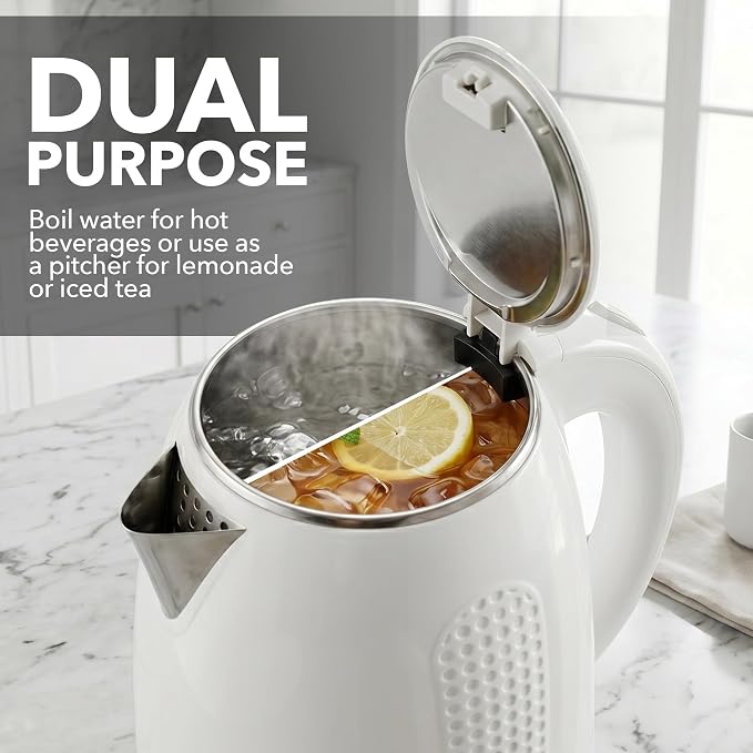 OVENTE 1.7L Double Wall Electric Tea Kettle, 1100W Power, White KD64W | Water Boiler with Cool-Touch Exterior, Stainless Steel Interior, Auto Shut-Off, Boil-Dry Protection & Locking Lid, Easy Clean