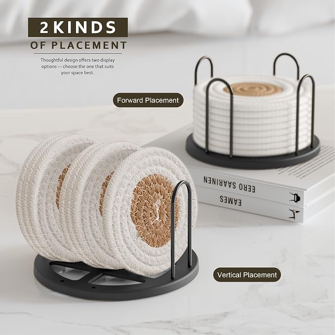 Lazebox Coasters Set of 8 for Drinks, 4 Inch Large Coasters for Coffee Table, Tabletop Protection for Hot & Cold Drinks, Versatile Coasters for Home Decor, Non-Slip & Easy to Clean, White with Coffee